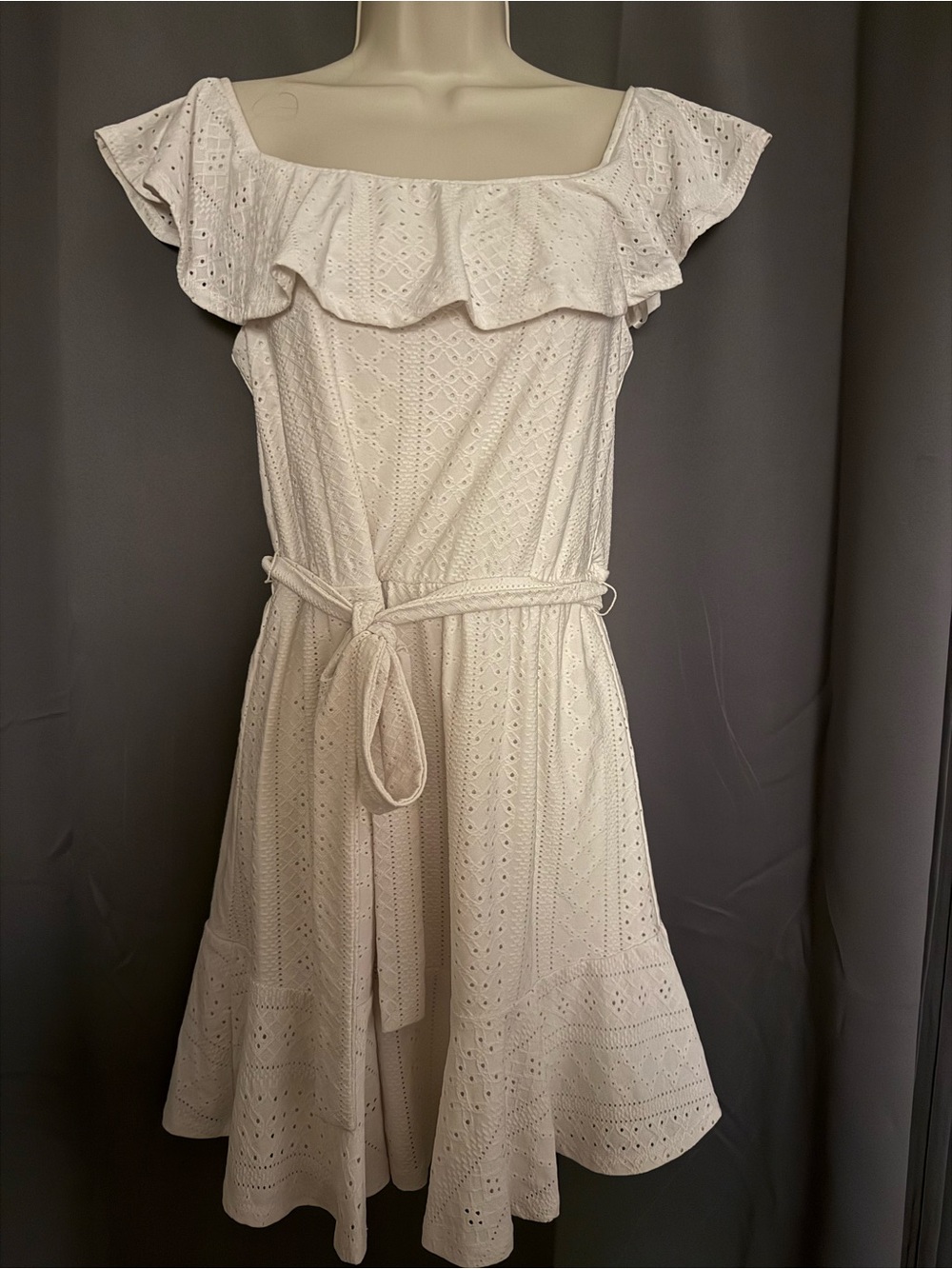 BCBGeneration White Eyelet Ruffle Midi Dress with Tie Waist